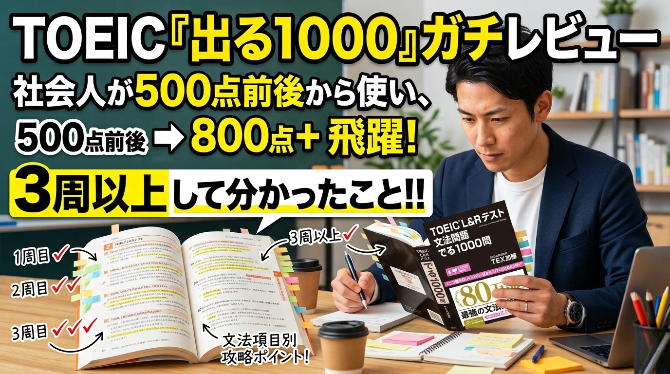 TOEIC『出る1000』レビュー｜500点前後から使った社会人が、文法ごとに3周以上して分かったこと